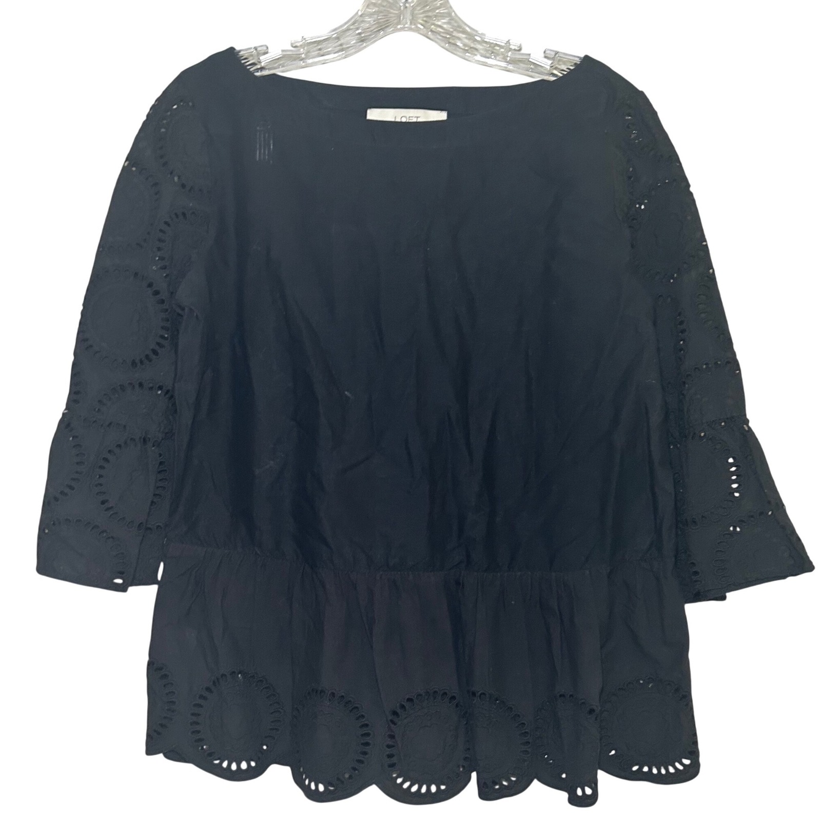 Loft Women Black Eyelet Peplum Blouse 3/4 Sleeve Scallop Top Xs Office Boho